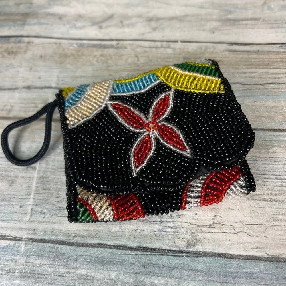 Vintage Beaded Coin Purse Wallet Small‎ Flap Floral Boho